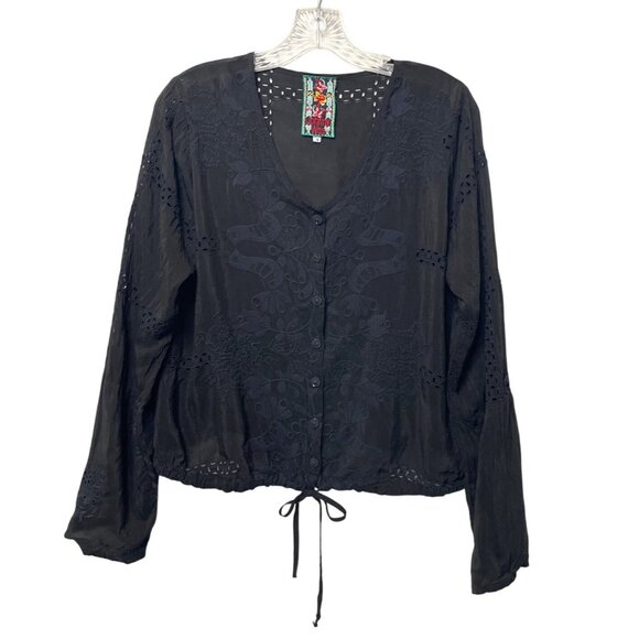 Johnny Was Black Embroidered Button-Front Blouse Roll Tab Sleeve Waist Tie Small - Picture 1 of 11